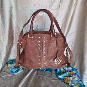 Michael Kors Brown Uptown Astor Studded Leather Satchel Bag MK Logo Charm